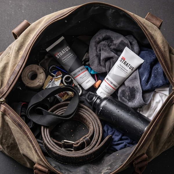 The Stratus Complete System, including a post workout cleanser and a post workout moisturizer, as part of a post exercise skincare routine. The bottles are placed in a brown gym bag alongside other exercise equipment.