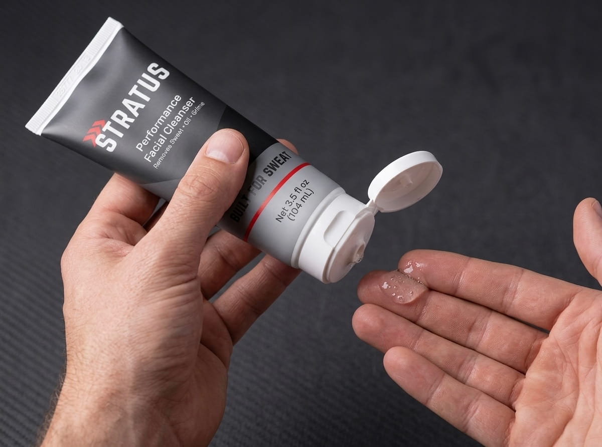 A hand holds a tube of Stratus Performance Facial Cleanser, with the cap open and gel being dispensed onto the other hand against a dark textured background. 