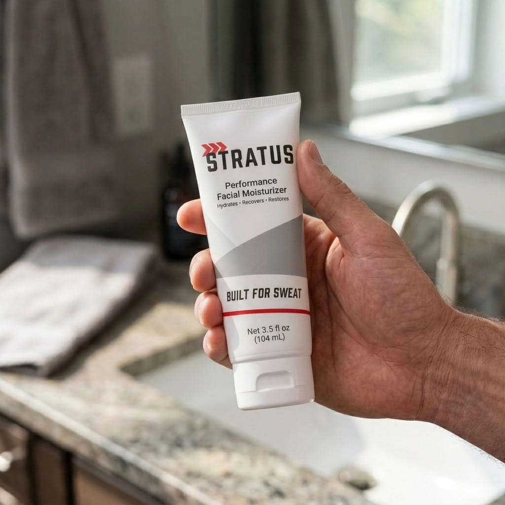 A hand holding a white squeeze tube of Stratus Performance Facial Moisturizer, part of a post workout skincare routine, in front of a blurred bathroom sink background.