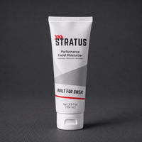 A white squeeze tube of Stratus Performance Facial Moisturizer, part of a post workout skincare routine, standing upright on a dark gray textured surface.