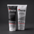 Two squeeze tubes that make up the Stratus Complete System, a post workout skincare routine, are shown on a dark background.