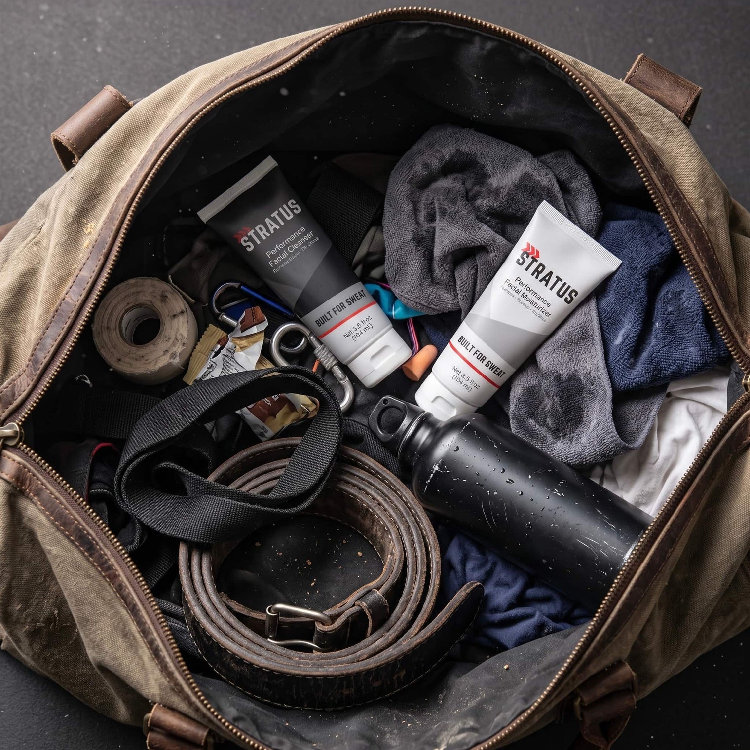 The Stratus Complete System, including a post workout cleanser and a post workout moisturizer, as part of a post exercise skincare routine. The bottles are placed in a brown gym bag alongside other exercise equipment.